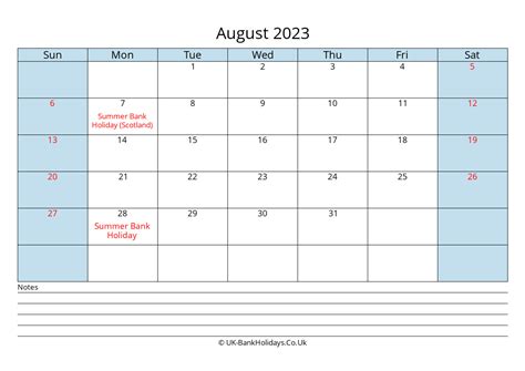 August 2023 Calendar Printable With Bank Holidays Uk