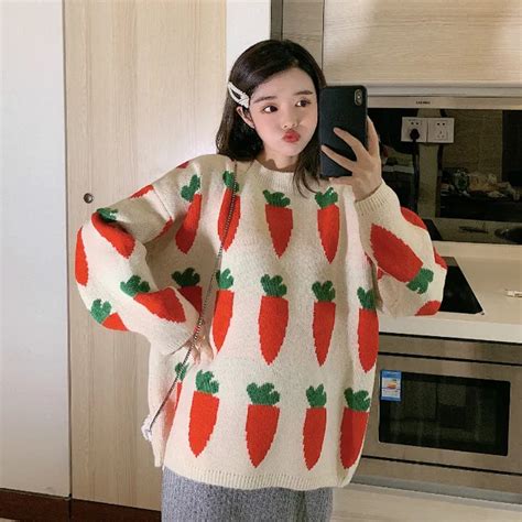Womens Clothing Cute Kawaii Thick Loose Carrot Embroidery Sweater Lady Harajuku Ulzzang