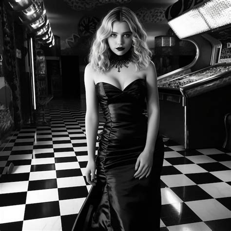 Premium Photo A Woman In A Black Dress Is Standing In A Room With A Checkered Floor