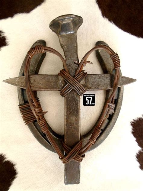 Horseshoe Railroad Spike Cross With Barbed Wire Heart Metal Cross