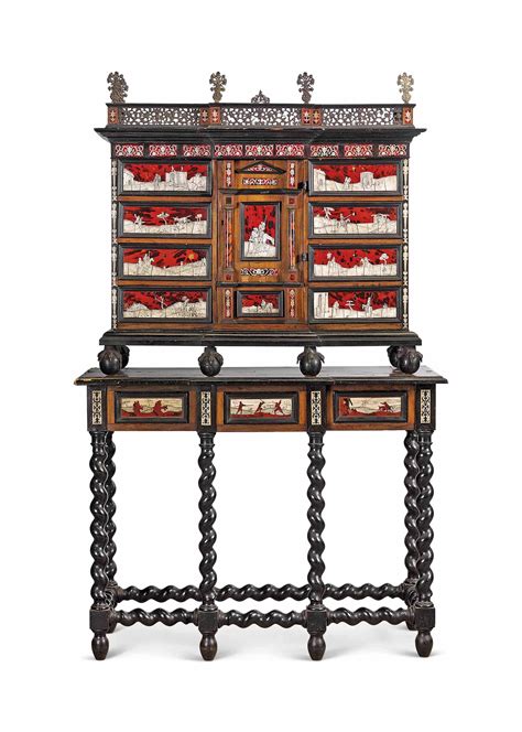 a spanish brass mounted ivory inlaid tortoiseshell ebony and rosewood cabinet on stand 19th