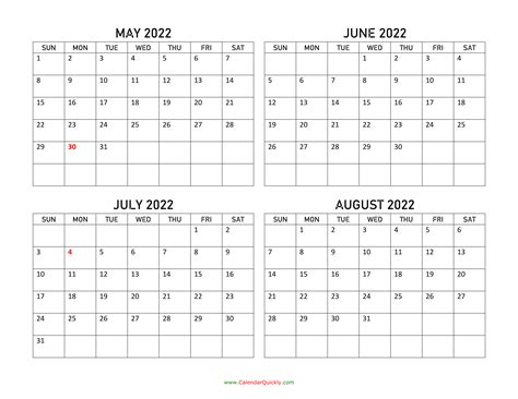 May To August 2022 Calendar Calendar Quickly