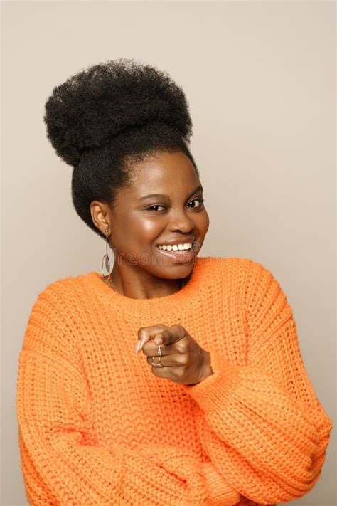 Cheerful Positive Afro Woman With Curly Hair Wear Orange Jumper