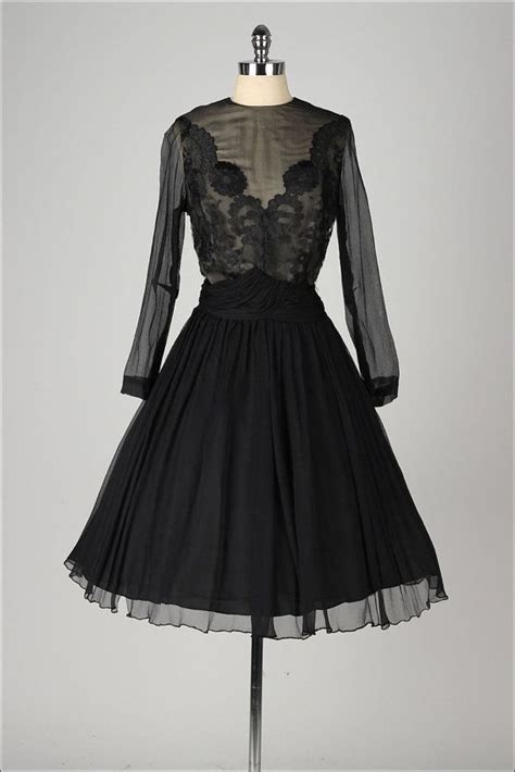 Vintage 1950s Dress Black Silk Crepe Illusion Bodice Sheer