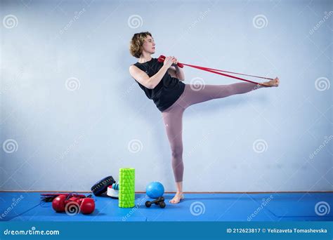 Sporty Woman Exercising With Resistance Elastic Bands At Gym Athlete Lady Doing Workout With