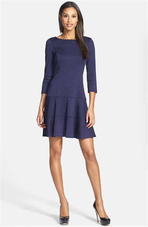 Jessica Simpson Drop Waist Ponte Knit Fit Flare Dress In Blue Lyst