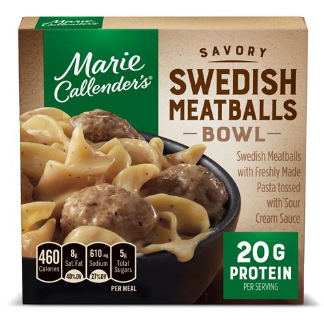 570 calories, 26 g fat (10 g saturated fat, 0 g trans fat), 1,320 mg sodium, 60 g carbs (8 g fiber, 9 g sugar), 25 g protein. Marie Callender's Swedish Meatballs Bowl, Frozen Meals, 11.5 oz. - Walmart.com - Walmart.com