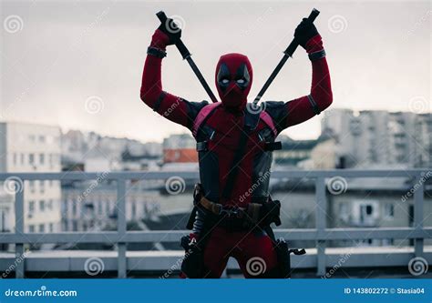 Dnipro Ukraine March 28 2019 Deadpool Cosplayer Posing With Guns