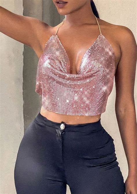 Chainmail Halter Neck Metalic Crop Top Rose Gold Pink Lily Lulu