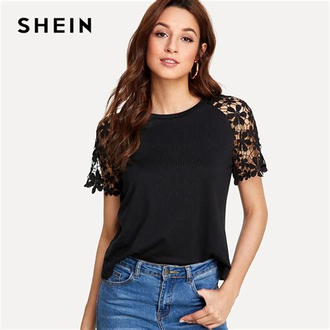 SHEIN Floral Lace Raglan Sleeve T Shirt Summer Short Sleeve Round Neck Elegant Tee Women