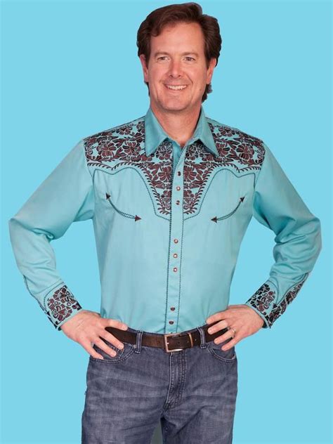 Scully Mens Vintage Western Shirt The Gunfighter Turquoise With Brown