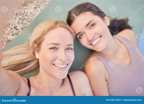 Selfie Yoga And Overhead With Woman Friends Lying On The Ground While