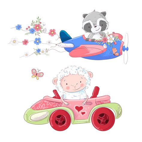 Cute cartoon illustration set transport airplane and car convertible style hand drawing. 598776 ...