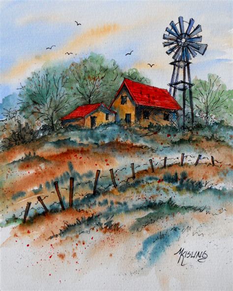 Martha Kisling Art With Heart Country Windmill Watercolor With Ink Sold