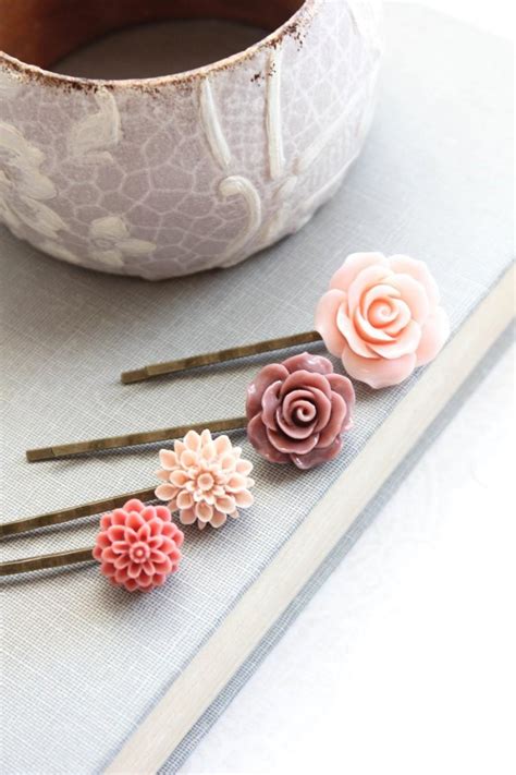Pink Flower Bobby Pins Dusty Rose Mauve Floral Hair Accessories Coral Chrysanthemum Hair Pin