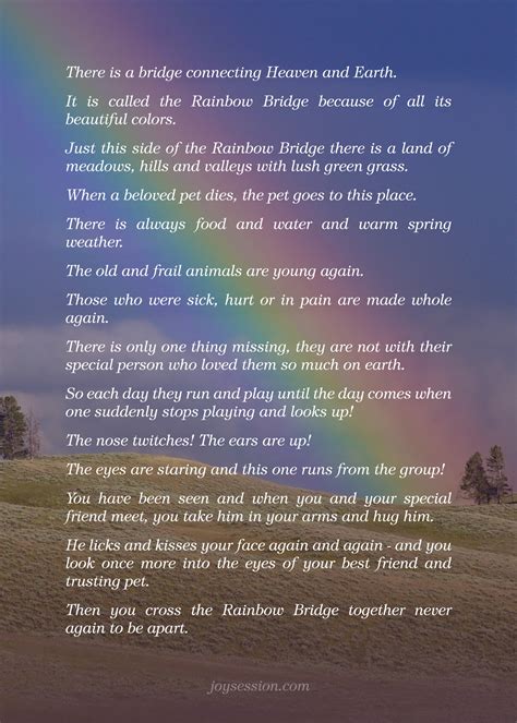 The rainbow bridge poem and accompanying pin is an affordable and beautiful tribute to a beloved fur child. The Rainbow Bridge Poem | Grief Support | Joy Session Network