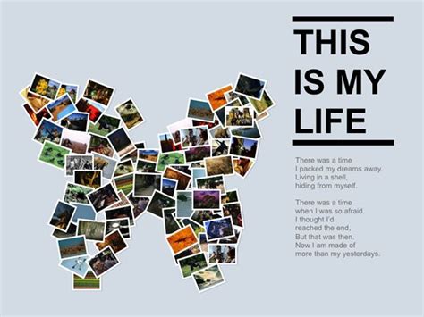 This Is My Life Poster With Multiple Photos Arranged In The Shape Of A Butterfly On A Blue