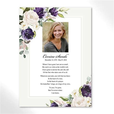 Funeral Photo Keepsake T Card Purple Roses For A Celebration Of Life