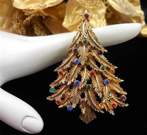 Vintage Jj Multi Color Rhinestone Christmas Tree Pin Brooch Antique