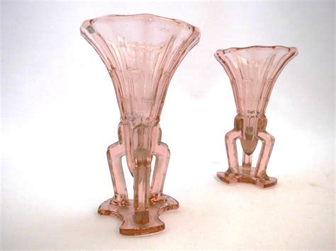 pair of pink pressed glass art deco rocket vases bohemia area 193 artdecoshopping