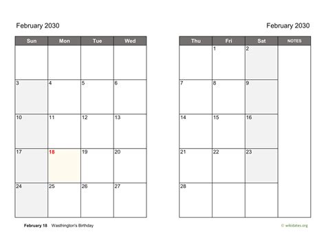 February 2030 Calendar On Two Pages
