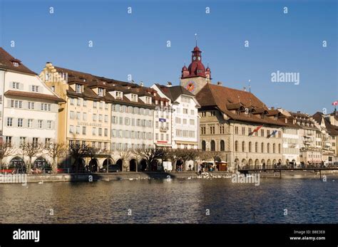Town Hall Tower And Houses On The Bank Of River Reuss Lucerne