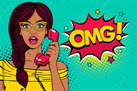 Wow Pop Art Female Face Sexy Surprised Young Woman In Glasses With Open Mouth Holding Old Phone