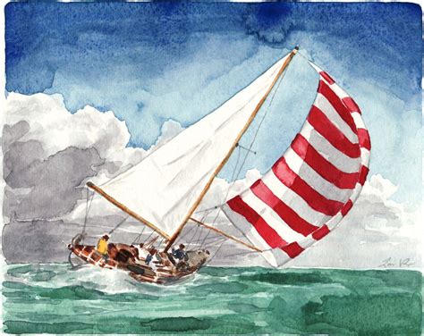 Sailboat Print Sailboat Art Sailboat Painting Striped Sail Etsy