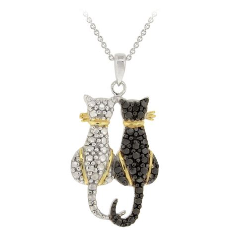 Sterling Silver Two Tone Black Diamond Accent Double Cat Pendant This Adorable Nec Black