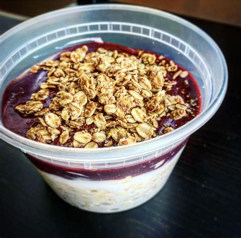 250 calories, 3 g fat, 1.4 g saturated fat, 4.8 g fiber, 23 g sugar, 8 g protein (calculated with skim milk). Overnight Oats | Coconut Yogurt | Mixed Berry Coulis | Banana | Peanut Butter Granola - Ready ...