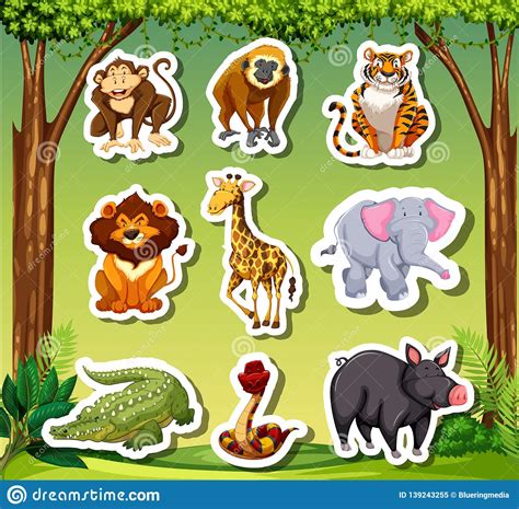 Many Animals Sticket In Jungle Background Stock Vector - Illustration of elephant, forest: 139243255