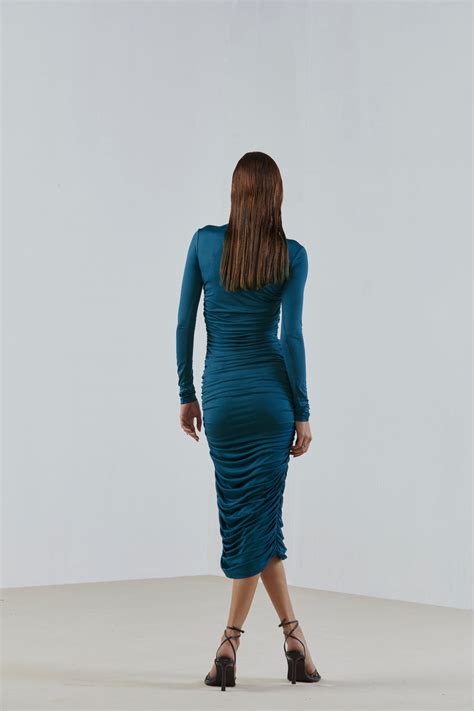Blue Ruched Midi Dress Qua