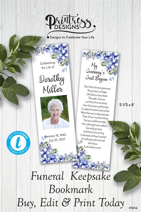 Blue Floral Funeral Keepsake Bookmark Memorial Favor Etsy In 2021