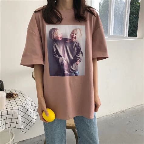 Korean Style 2019 Women Character Print Cotton T Shirt Oversized Round