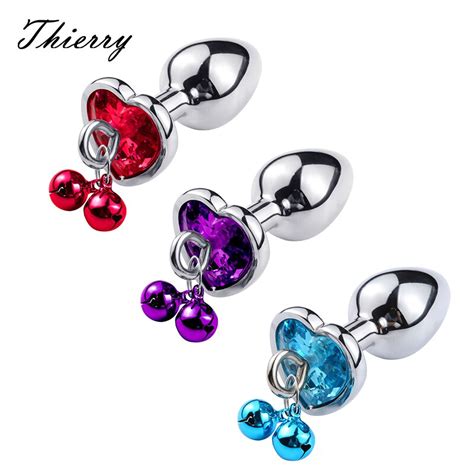 thierry 3 color 3 size heart shaped crystal metal anal plug with connect bells buttplug anus