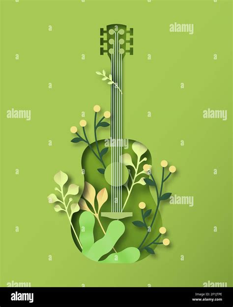 Instrumento De Guitarra Acústica Verde En 3d Corte De Papel Estilo