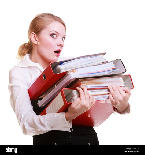 Young Overworked Business Woman Holding Stack Folders Documents Stock