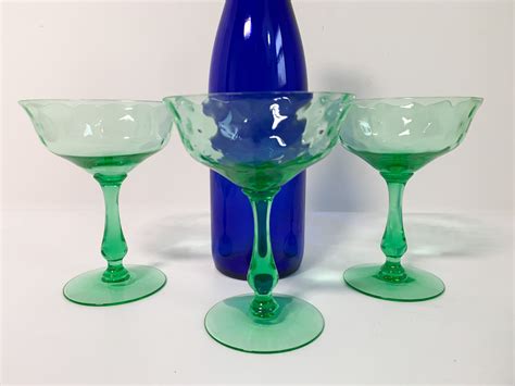 3 vintage green depression glass dimple optic champagne coupes glasses stemware three retro