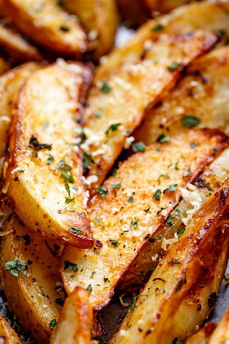 From the oven they develop a sort of crispy skin with a really fluffy center. Crispy Garlic Baked Potato Wedges - Cafe Delites