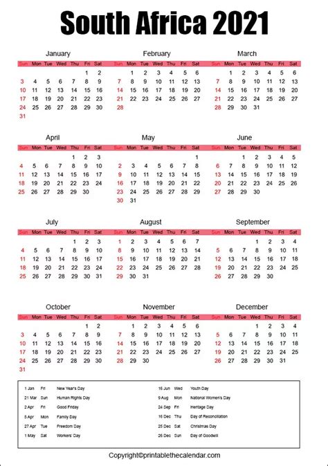 South Africa Calendar 2021 With Holidays Free Printable Template