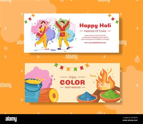 Happy Holi Festival Horizontal Banner Flat Cartoon Hand Drawn Templates