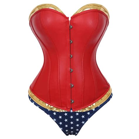 buy women s red leather corset wonder woman costume with blue short cosplay