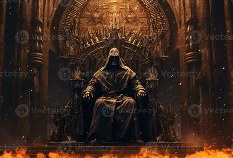Man In Hood Sitting On Royal Throne In Dark Castle Hall Generative Ai Stock Photo At