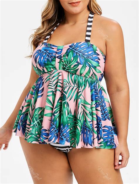 Plus Size Palm Leaf Striped Skirted Tankini Swimsuit [46 Off] Rosegal