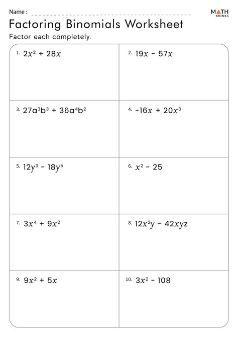 Factoring Binomials Worksheets Math Monks