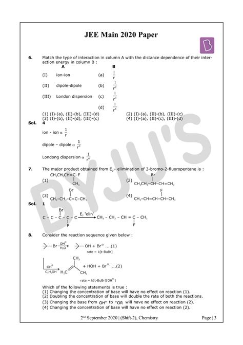 Read the instructions for each part of the paper carefully. JEE Main 2020 Paper With Solutions Chemistry Shift 2 (Sept 2) - Download PDF