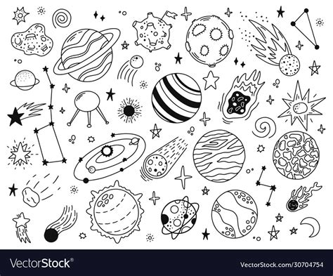 Space Doodles Sketch Planets Hand Drawn Royalty Free Vector