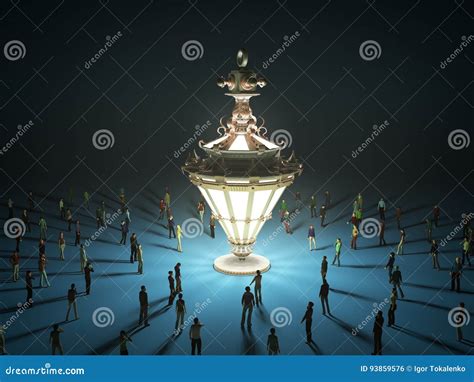 A Group Of Tiny People Walking Towards A Vintage Light Bulb 3d R Stock