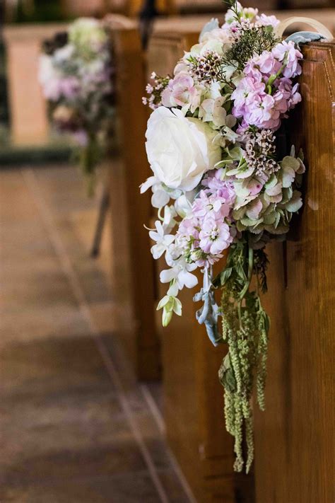 Cascading Amaranthus, Hydrangea, & Rose Arrangements on Wooden Church