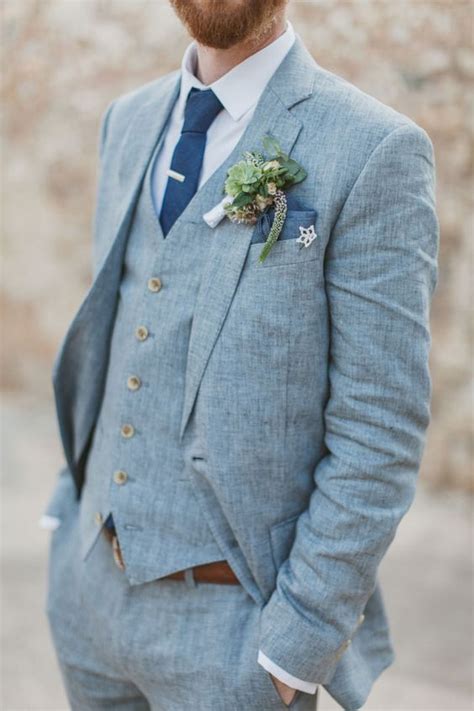Light Blue Linen Men Suits For Beach Wedding 3 Piece Groom